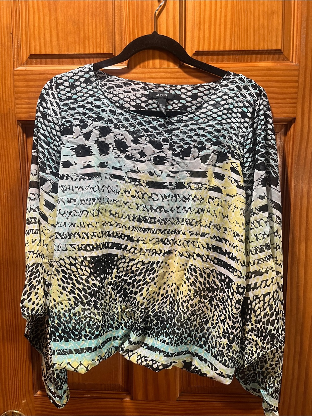 Alfani Multicolor Printed Long-Sleeve Top in Black, White, Pale Yellow and Mint